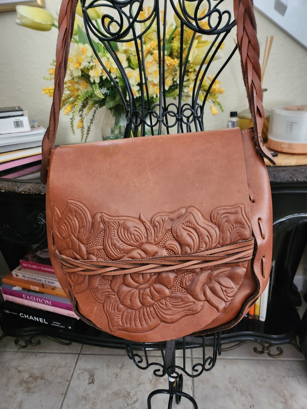 Patricia Nash Firenze tooled rose flap large saddle bag